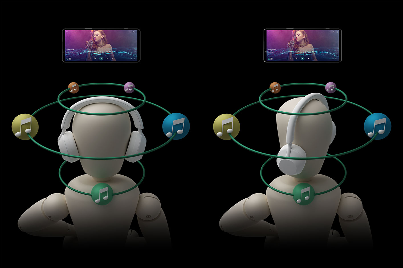 An annotated diagram displaying the head tracking function of the ULT WEAR headphones.