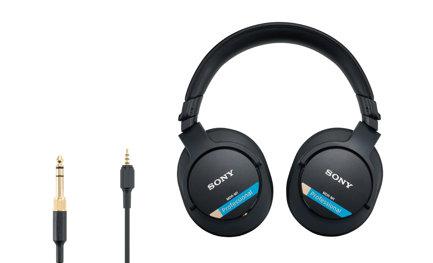  A product shot of the new MDR-M1 Monitor Headphones and next to the screw-in plug adapter.