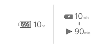 Icons for 10hr battery life + 10min quick charge for 90min playback