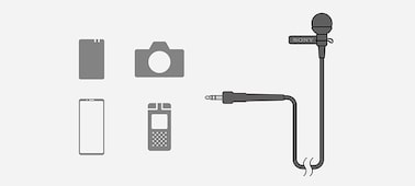 Illustration of the wide range of connectivity provided by the ECM-L1 microphone’s plug-in power compatibility, including camera, IC recorder, smartphone and wireless microphone