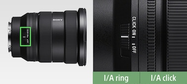 Left: Product image showing left side of lens body with green rectangle graphic highlighting Aperture click switch