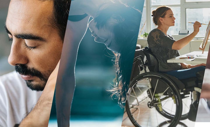 Image of a man holding something to his ear, a lady stretching and another lady in a wheelchair painting.