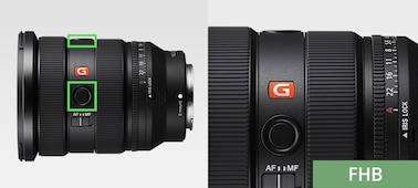 Left: Product image showing left side of lens body with green rectangle graphic highlighting the focus hold button Right: Product image showing the position of focus hold button on the lens