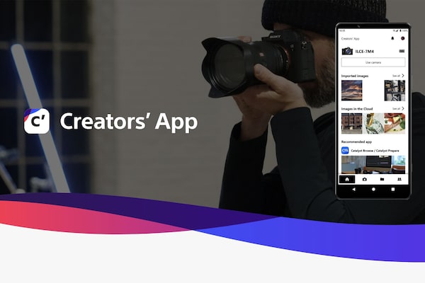 Illustration of Creators? App with usage image as background and insert of smartphone to demonstrate compatibility