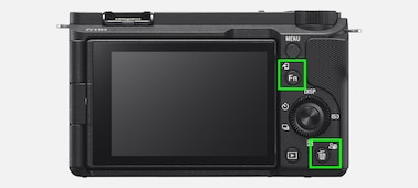 Product image of the camera's rear side with the Transfer to Smartphone button and C buttons indicated with green squares