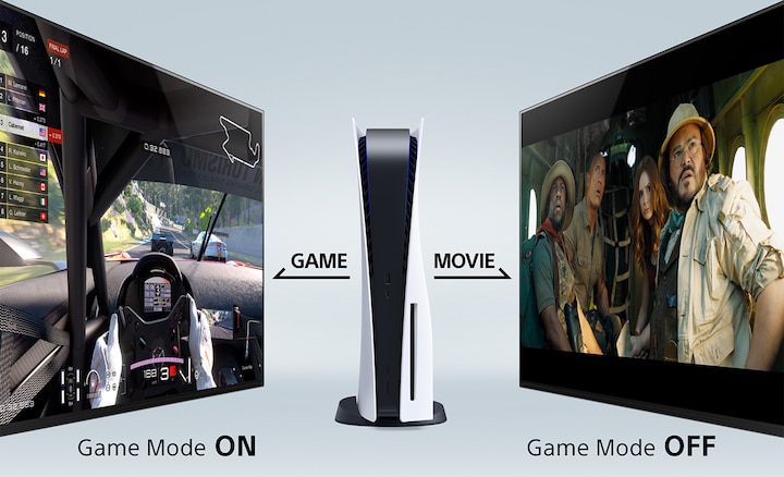 Two BRAVIA TVs with a PS5™ in the middle. The left showing Game Mode ON. The right showing Game Mode OFF.