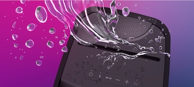 Image of XP700 X-Series Portable speaker from above with splashes of water, showcasing the water resistance.