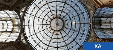 An example image looking up to the roof inside a building, with a large detailed circular glass ceiling in high resolution