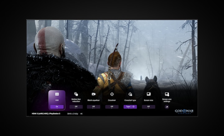 Screenshot showing BRAVIA gaming settings menu over a scene from God of War Ragnarok