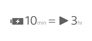 Icon of Quick Charge feature, indicating that a 10 minute charge is enough for 3 hours of play.